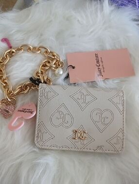 Juicy Couture Cream Embossed Heart Logo Card Case with Gold Hardware